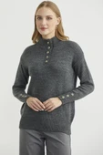 Dik Yaka Düğme Detaylı Yünlü Triko Kazak - Koyu Gri thumbnail 1