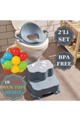 Kaydırmaz Çift Basamaklı Çocuk Taburesi Ve Kulplu Klozet Tuvalet Alıştırma 2'li Set Mavi 10 Top thumbnail 1