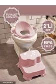 Kaydırmaz Çift Basamaklı Çocuk Taburesi Ve Kulplu Klozet Tuvalet Alıştırma Adaptörü 2'li Set Pembe thumbnail 1