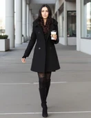 Düğmeli Yaka Detaylı Siyah Kadın Kaşe Kaban thumbnail 3