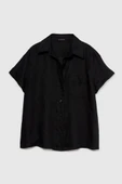 %100 Keten Düğmeli Göğüs Cepli Kısa Kollu Gömlek Kadın Siyah Gömlek - 324P5BMLLQ042 thumbnail 7