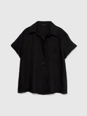 %100 Keten Düğmeli Göğüs Cepli Kısa Kollu Gömlek Kadın Siyah Gömlek - 324P5BMLLQ042 thumbnail 4