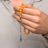 Gümüş Top Kazaz Püsküllü Sarı Yuvarlak Sıkma Kehribar Tesbih thumbnail 4