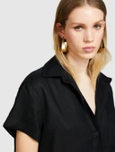 %100 Keten Düğmeli Göğüs Cepli Kısa Kollu Gömlek Kadın Siyah Gömlek - 324P5BMLLQ042 thumbnail 5