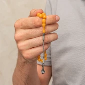 Gümüş Top Kazaz Püsküllü Sarı Yuvarlak Sıkma Kehribar Tesbih thumbnail 2