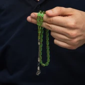 Gümüş Kazaz Püsküllü Kapsül Kesim Yeşil Sıkma Kehribar Tesbih thumbnail 3