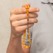 Gümüş Kazaz Püsküllü Kapsül Kesim Sarı Sıkma Kehribar Tesbih thumbnail 2