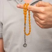 Gümüş Turuncu Kazaz Püsküllü Sıkma Kehribar Tesbih thumbnail 3