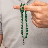 Gümüş Yeşil Kazaz Püsküllü Sıkma Kehribar Tesbih thumbnail 4