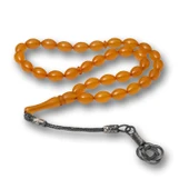 Gümüş Turuncu Kazaz Püsküllü Sıkma Kehribar Tesbih thumbnail 1