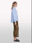 %100 Keten Düğmeli Göğüs Cepli Uzun Kollu Gömlek Kadın Mavi Gömlek - 325P5BMLLQ06S thumbnail 2