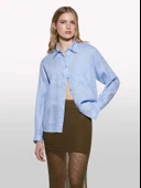 %100 Keten Düğmeli Göğüs Cepli Uzun Kollu Gömlek Kadın Mavi Gömlek - 325P5BMLLQ06S thumbnail 4