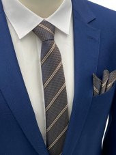 Brianze Kahverengi Çizgili Kravat Mendil Set thumbnail 1