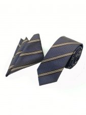 Brianze Kahverengi Çizgili Kravat Mendil Set thumbnail 3