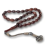 Gümüş Kahverengi Kazaz Püsküllü Sıkma Kehribar Tesbih thumbnail 1