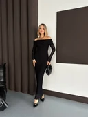 Omuz Açık Uzun Kollu Dantel Doku MidiMaxi Elbise thumbnail 5