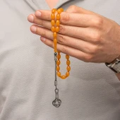 Gümüş Turuncu Kazaz Püsküllü Sıkma Kehribar Tesbih thumbnail 4