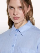 %100 Keten Düğmeli Göğüs Cepli Uzun Kollu Gömlek Kadın Mavi Gömlek - 325P5BMLLQ06S thumbnail 5