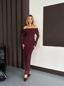 Omuz Açık Uzun Kollu Dantel Doku MidiMaxi Elbise thumbnail 1