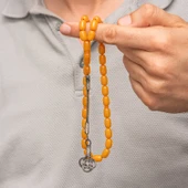 Gümüş Kazaz Püsküllü Kapsül Kesim Sarı Sıkma Kehribar Tesbih thumbnail 3