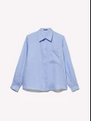 %100 Keten Düğmeli Göğüs Cepli Uzun Kollu Gömlek Kadın Mavi Gömlek - 325P5BMLLQ06S thumbnail 6