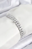 Pirinç Zirkon Taşlı Çift Sıra Kare Model Gümüş Renk Asansörlü Kadın Bileklik - TJ-BB7730 thumbnail 1