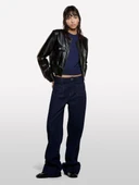 Sisley   Pamuk ve Yün Karışımlı Ribana Yaka Kısa Kollu Kazak Kadın Soluk Lacivert Kazak - 325A1SBXM106L thumbnail 4