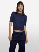 Sisley   Pamuk ve Yün Karışımlı Ribana Yaka Kısa Kollu Kazak Kadın Soluk Lacivert Kazak - 325A1SBXM106L thumbnail 5