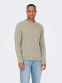 ONSKICKER LIFE REG 3 CABLE CREW KNIT Erkek Gri Kazak - 22026504 thumbnail 1