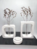 Beyaz Vazo Set 2'li ,Kare-Dikdörtgen Formlu, Dekoratif Cam Tüplü, Kuru Çiçek Vazosu Obje thumbnail 3