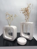 Beyaz Vazo Set 2'li ,Kare-Dikdörtgen Formlu, Dekoratif Cam Tüplü, Kuru Çiçek Vazosu Obje thumbnail 1
