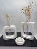 Beyaz Vazo Set 2'li ,Kare-Dikdörtgen Formlu, Dekoratif Cam Tüplü, Kuru Çiçek Vazosu Obje thumbnail 2