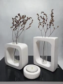 Beyaz Vazo Set 2'li ,Kare-Dikdörtgen Formlu, Dekoratif Cam Tüplü, Kuru Çiçek Vazosu Obje thumbnail 4