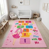 Pembe Çocuk Oyun Halısı Seksek Dijital Baskılı Kaymaz Yıkanabilir Leke Tutmaz Antibakteriyel Halı thumbnail 3