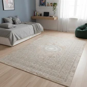 Bej Klasik Motifli Dijital Baskılı, Kaymaz Tabanlı, Yıkanabilir ve Leke Tutmaz Antibakteriyel Halı thumbnail 3