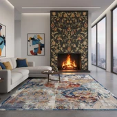 Mavi Turuncu Modern Vintage Dijital Baskılı, Kaymaz Tabanlı, Yıkanabilir Antibakteriyel Halı thumbnail 2