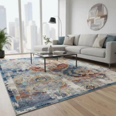 Mavi Turuncu Modern Vintage Dijital Baskılı, Kaymaz Tabanlı, Yıkanabilir Antibakteriyel Halı thumbnail 1