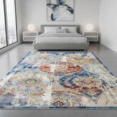 Mavi Turuncu Modern Vintage Dijital Baskılı, Kaymaz Tabanlı, Yıkanabilir Antibakteriyel Halı thumbnail 3