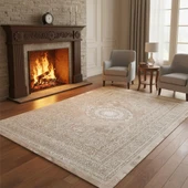 Bej Klasik Motifli Dijital Baskılı, Kaymaz Tabanlı, Yıkanabilir ve Leke Tutmaz Antibakteriyel Halı thumbnail 1