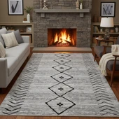 Gri Siyah İskandinav Boho tarzı Halı Dijital Baskılı Kaymaz Tabanlı Yıkanabilir Leke Tutmaz Antibakteriyel thumbnail 1