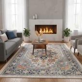 Mavi-Krem Otantik Halı Dijital Baskılı, Kaymaz Tabanlı, Yıkanabilir Leke Tutmaz Antibakteriyel thumbnail 1