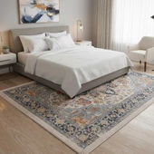 Mavi-Krem Otantik Halı Dijital Baskılı, Kaymaz Tabanlı, Yıkanabilir Leke Tutmaz Antibakteriyel thumbnail 2