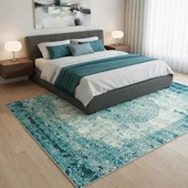Turkuaz Eskitme Halı  Dijital Baskılı Modern Kaymaz Tabanlı Yıkanabilir Leke Tutmaz Antibakteriyel thumbnail 3