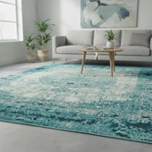 Turkuaz Eskitme Halı  Dijital Baskılı Modern Kaymaz Tabanlı Yıkanabilir Leke Tutmaz Antibakteriyel thumbnail 2