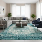 Turkuaz Eskitme Halı  Dijital Baskılı Modern Kaymaz Tabanlı Yıkanabilir Leke Tutmaz Antibakteriyel thumbnail 1