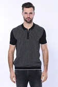 Polo Yaka Siyah Desenli Fermuarlı Örme T-shirt | Wessi thumbnail 4