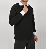 Siyah Çift Renkli Kışlık Polo Yaka Sweatshirt Beyaz Yakalı thumbnail 1