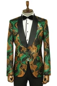 Altın - Yeşil Sarmal Desenli Siyah Erkek Smokin Ceket - Wessi thumbnail 1