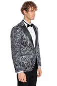 Işıltılı Sarmaşık Desenli Slim Fit Lacivert Erkek Smokin Ceket - Wessi thumbnail 9