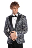 Işıltılı Sarmaşık Desenli Slim Fit Lacivert Erkek Smokin Ceket - Wessi thumbnail 6